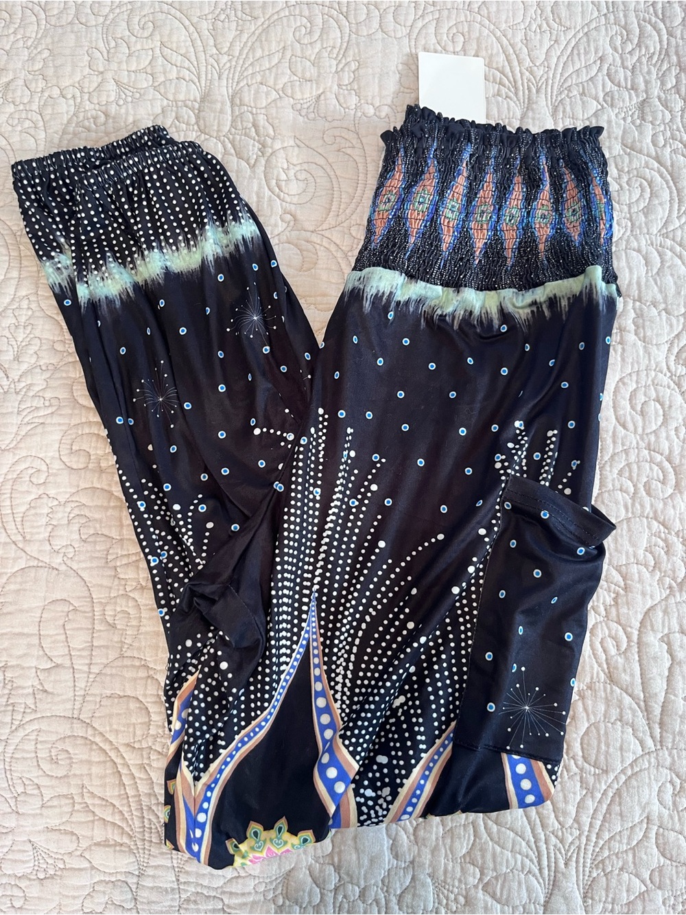 Black Smocked Waist Boho Print Palazzo Pants